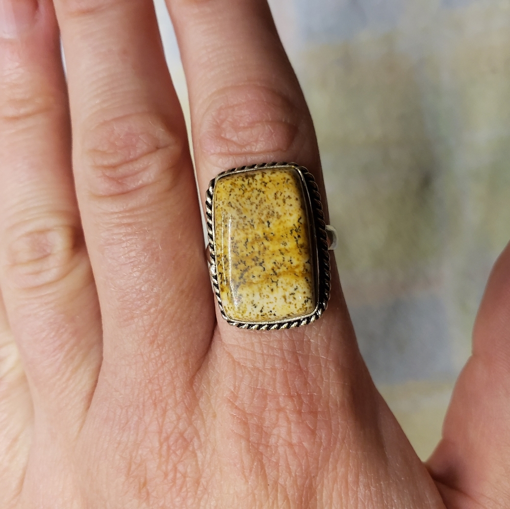 Real Dendrite Jasper and 925 Sterling Silver Ring